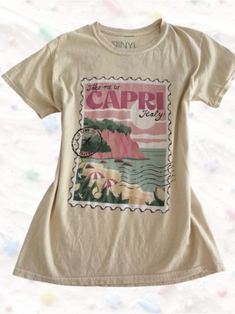 the vinyl icons women’s capri italy graphic tee in yellow ˖ . ݁𝜗𝜚. ݁₊